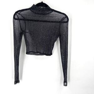 Tobi Sheer Black & Silver Glitter‎ Crop Top Long Sleeve Mock Neck Small
